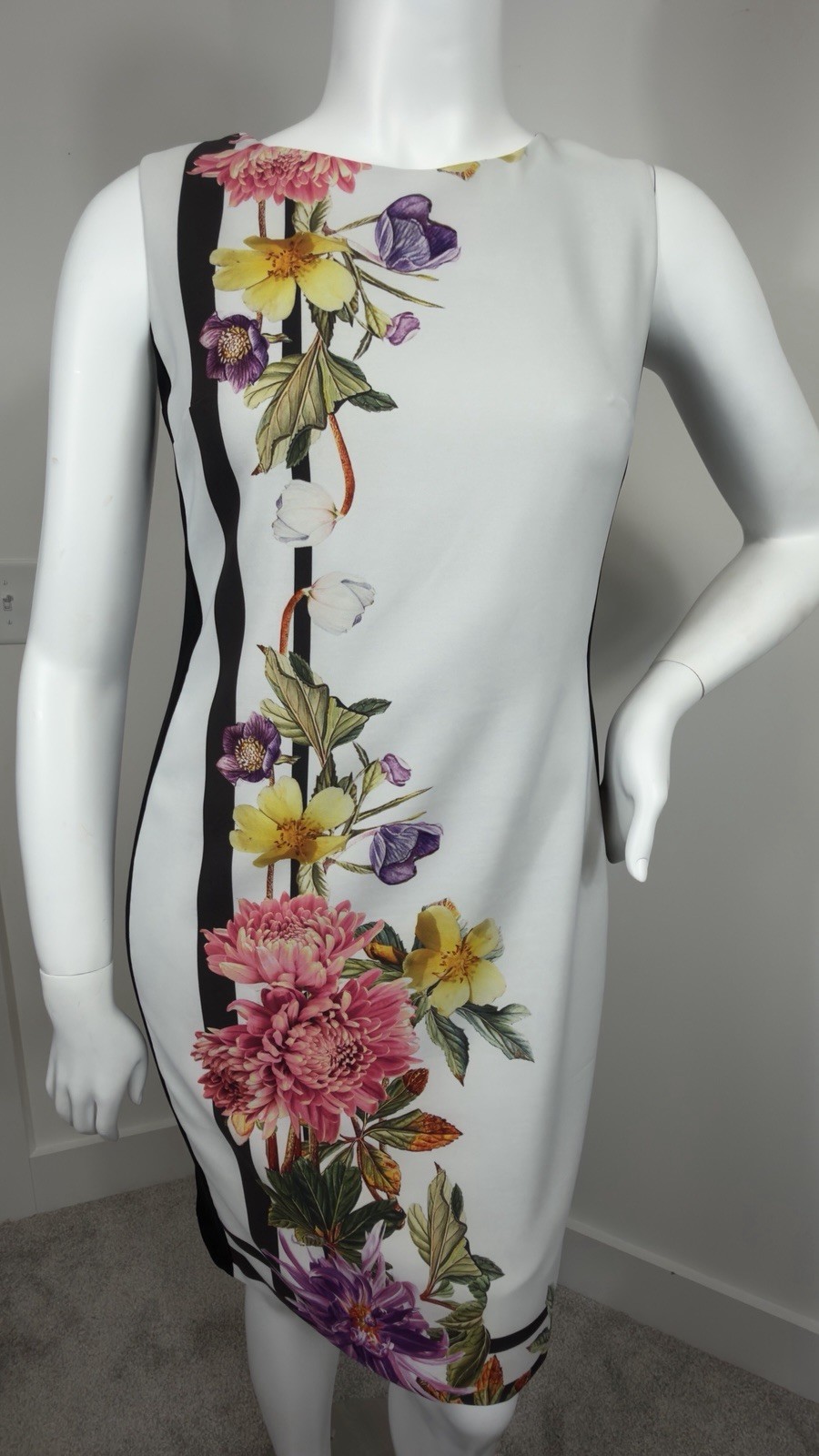 Joseph Ribkoff Floral Sheath Dress Size 16 White Black Sleeveless Career Party