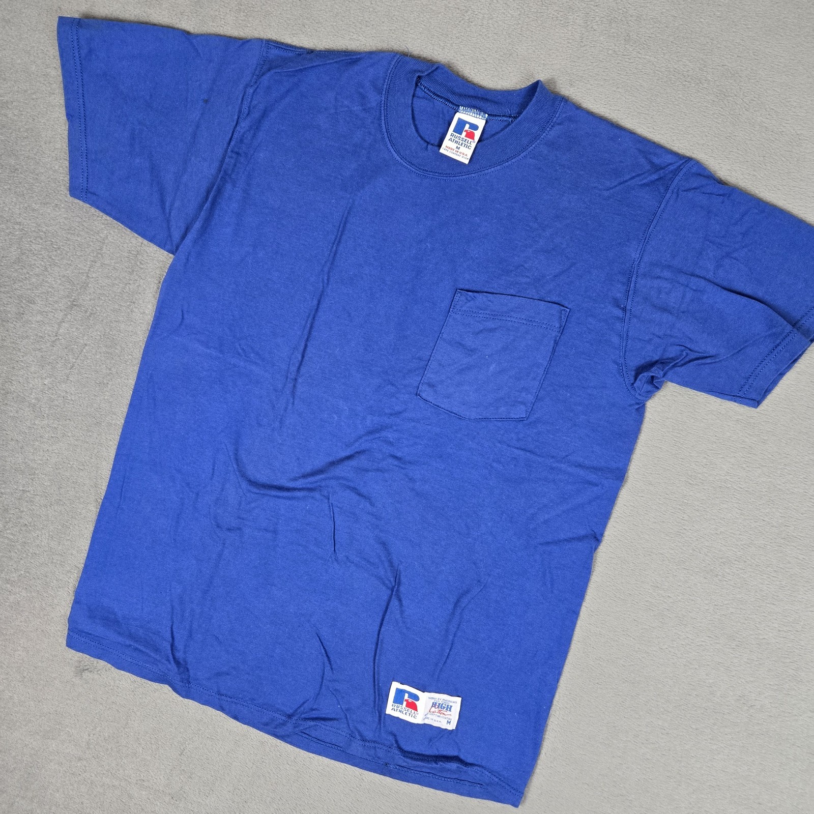 Russell Athletic High Cotton T-Shirt Mens Mediun Blue Solid Pocket USA Made Vtg