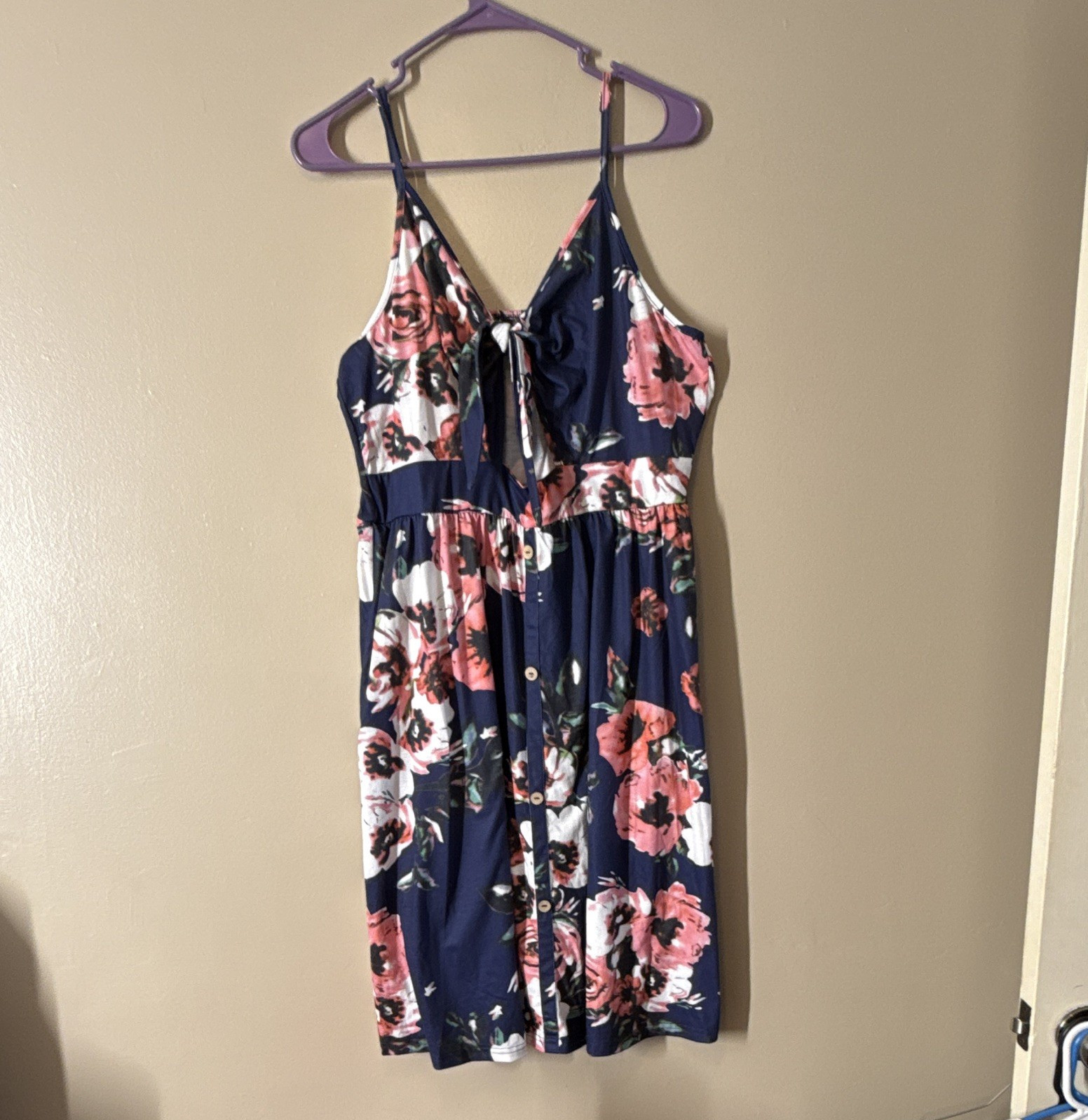 Women’s XL Navy Floral Knit Midi Sundress V-Neck Strappy Sleeveless Button Tie