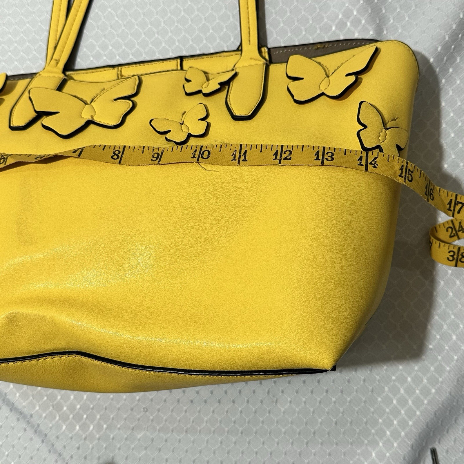 Yellow Butterfly Applique Purse, Double Handles, snap closure, Inside Pockets