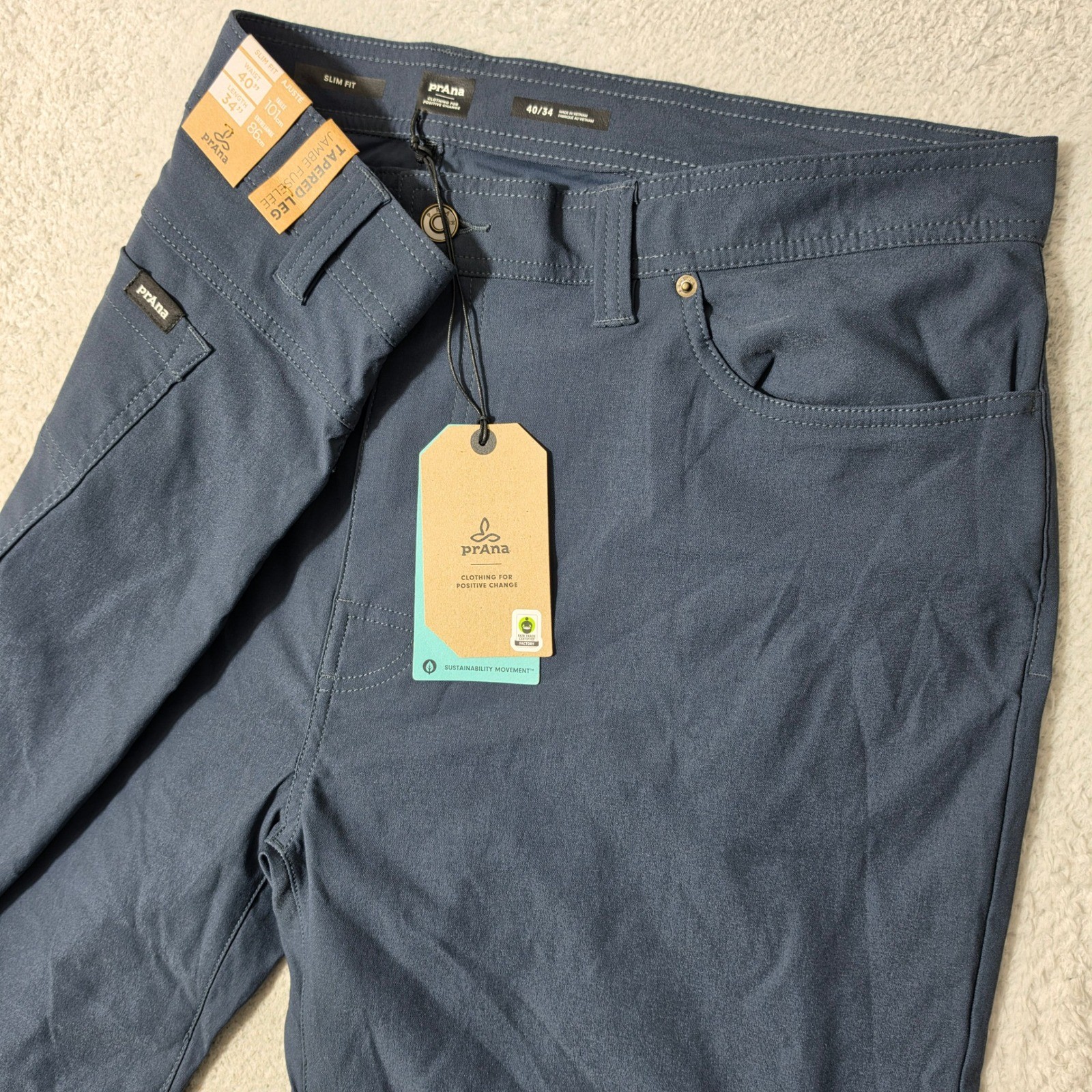 NEW Prana Brion Slim Pant II Mens 40/34 Stormy Night Tapered Leg Stretch $85
