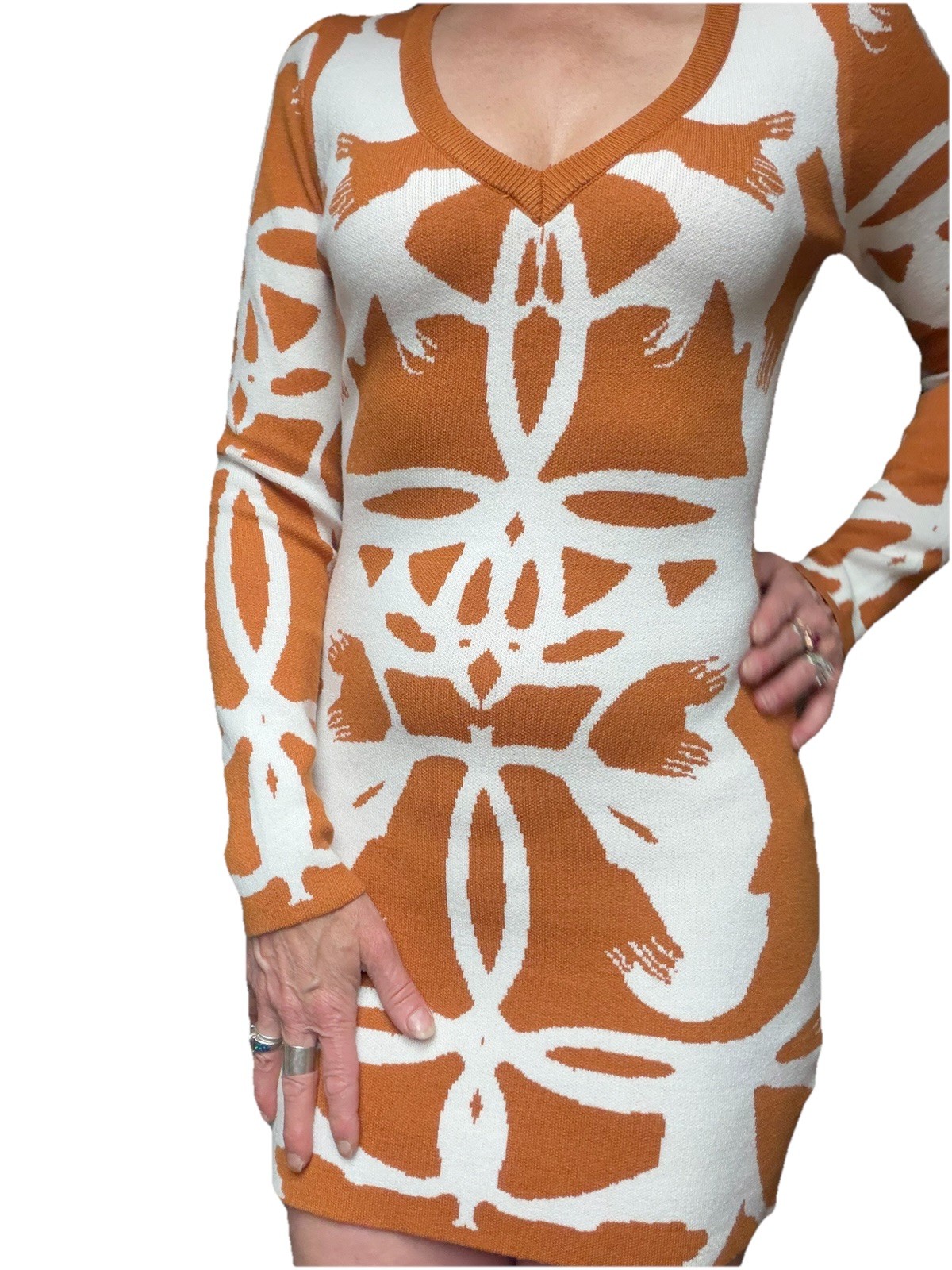Fashion Nova Klarissa Rust White Floral Ribbed Knit V-Neck Sweater Dress M