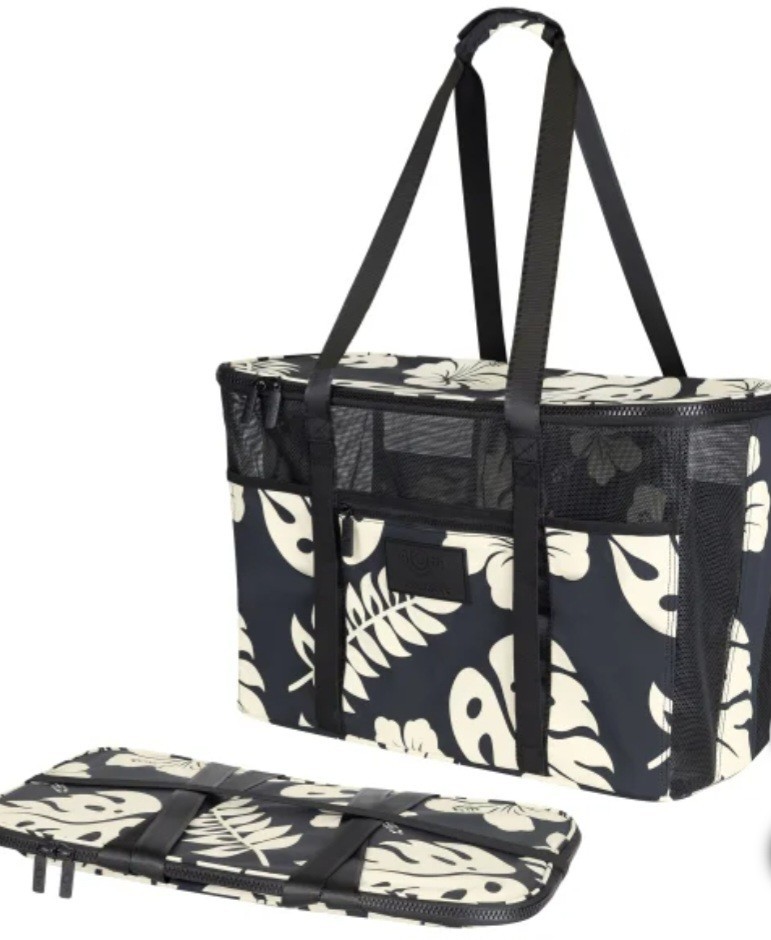 Aloha Collection CleverMade Floral Print Shoulder Tote Black White Zip Closure