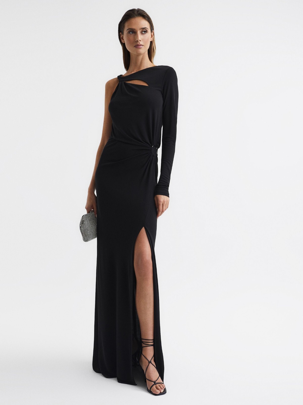 Long Sleeved One Shoulder Prom Ball Gown with Front Slit Ruched Evening Dress