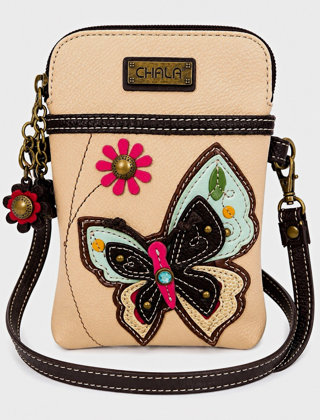 Chala Butterfly & Floral Crossbody Cell Phone Bag – Beige/Tan
