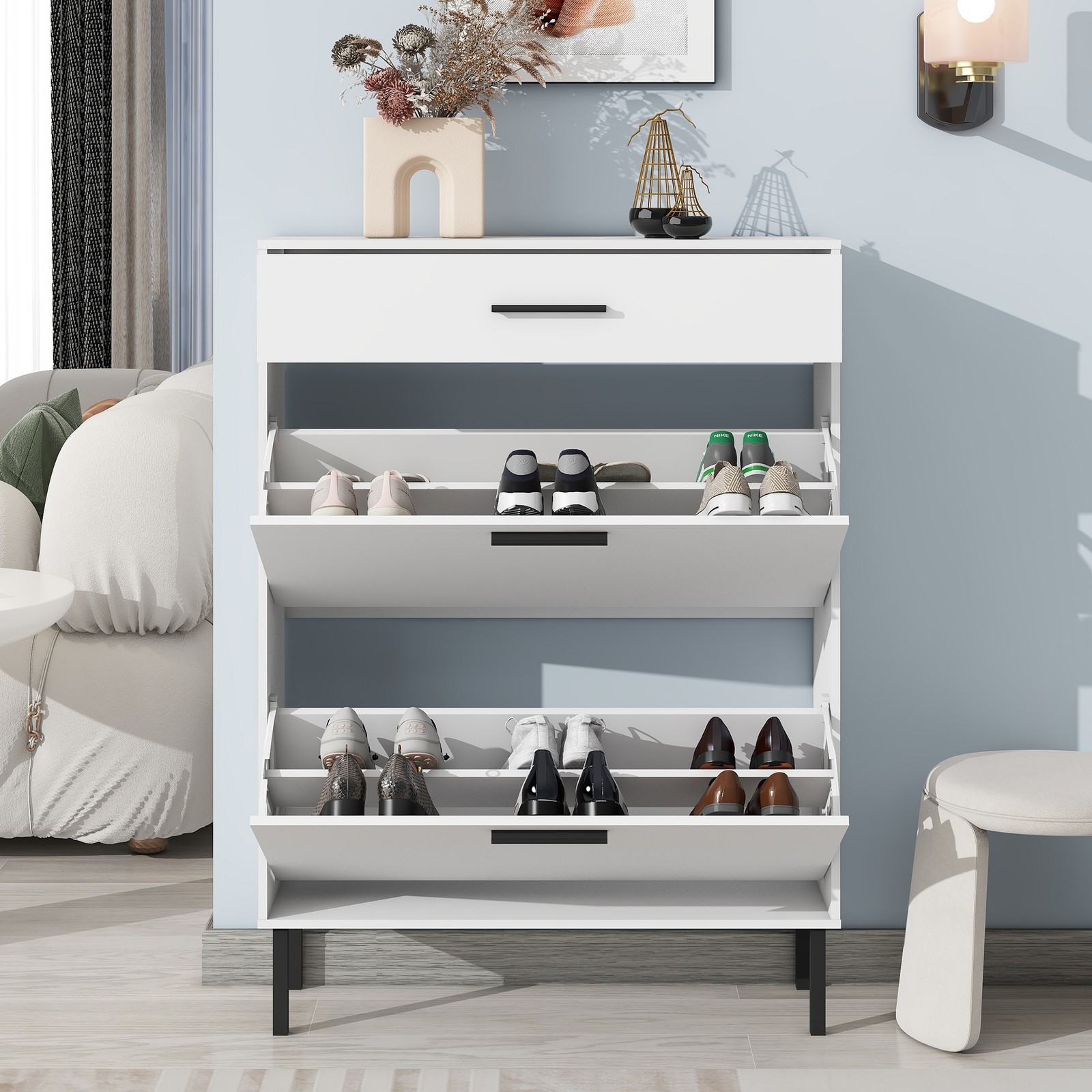 Shoe Cabinet Storage Organizer 2 Flip Drawers Entryway Rack White