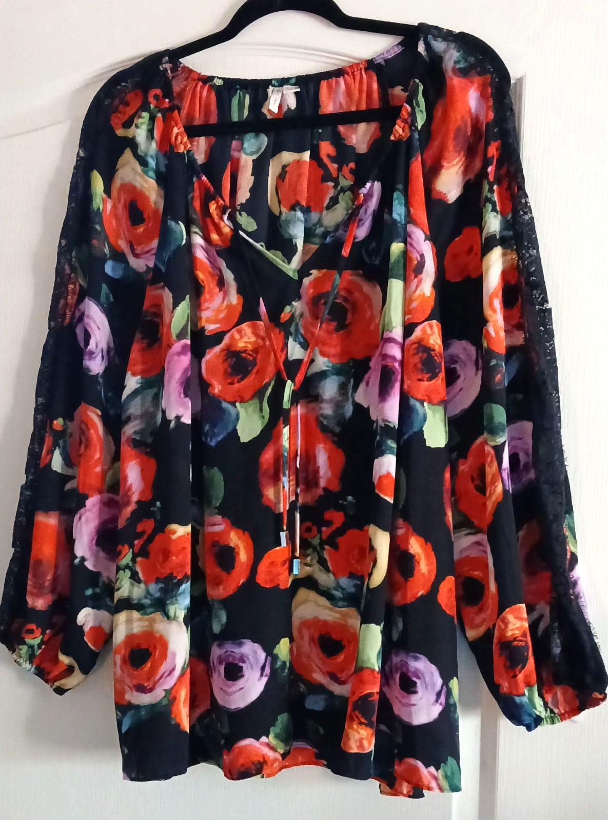 CATO 18/20 2X Red Floral Top Beaded Ties Black Lace Long Sleeves Semi Sheer