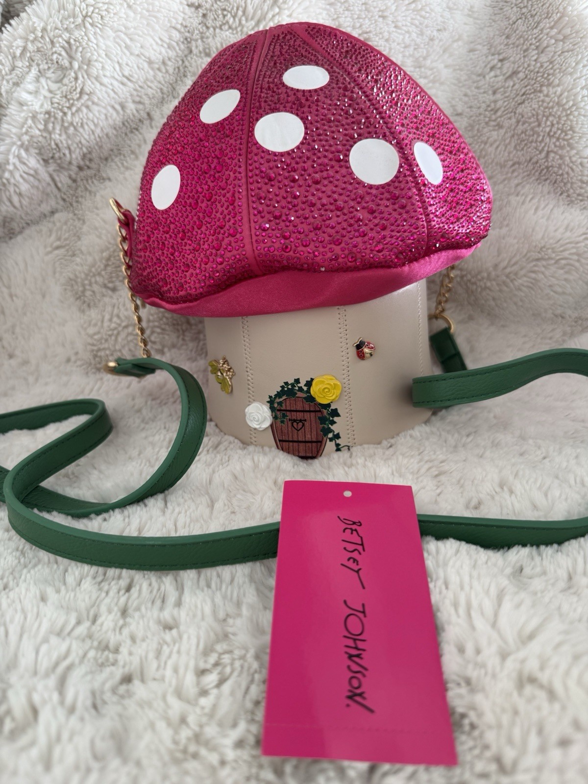 Betsey Johnson Mushroom Crossbody Bag Polka Dot Rhinestones Butterfly Charm Zip