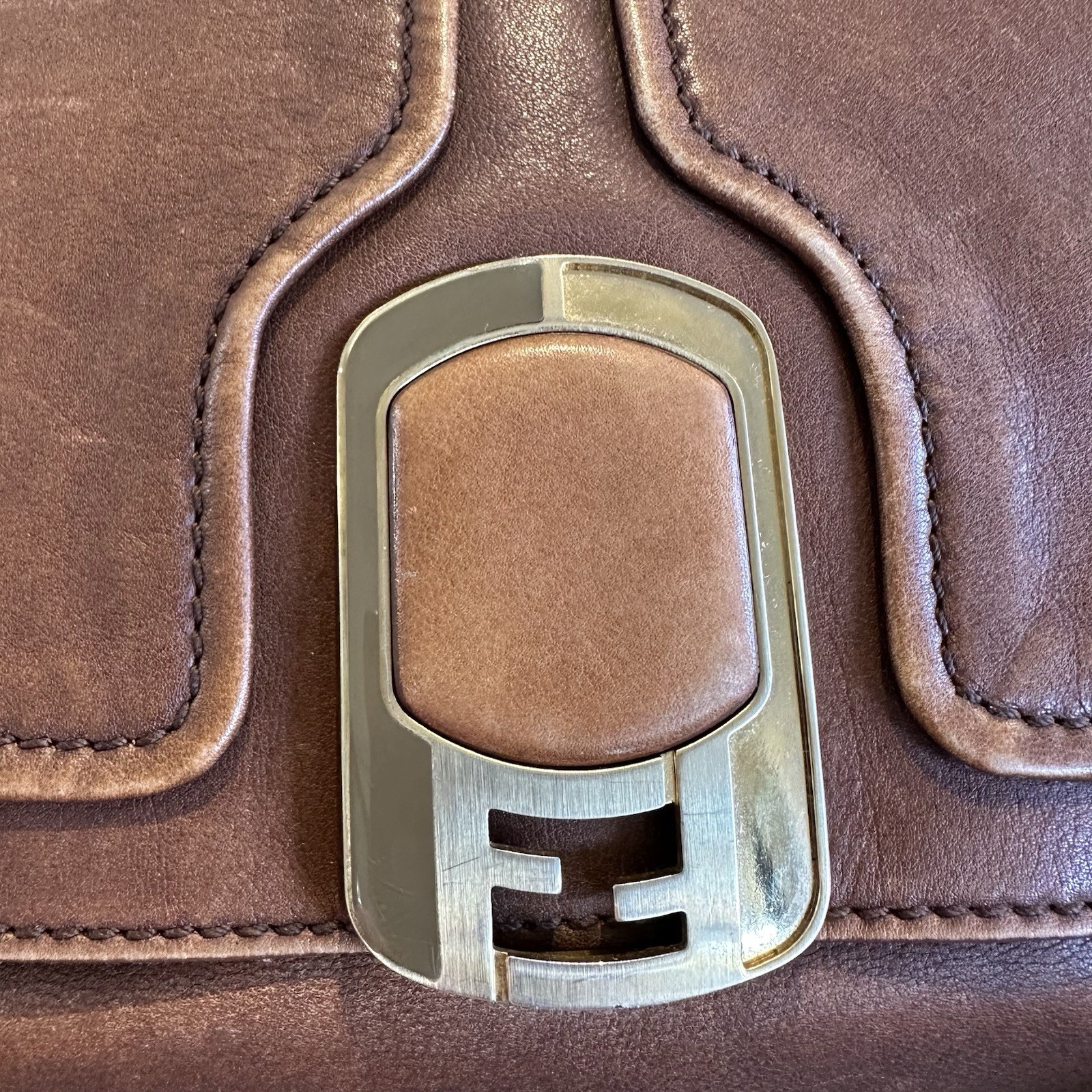 Fendi FF Vintage Brown Tan Leather Medium Anna Shoulder Bag