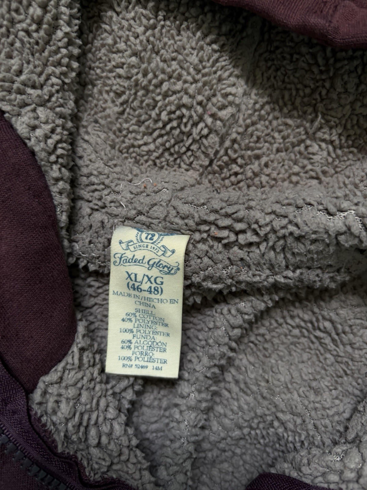 Faded Glory Men’s XL Purple Solid Full Zip Fleece Sherpa Lined Hoodie Pockets