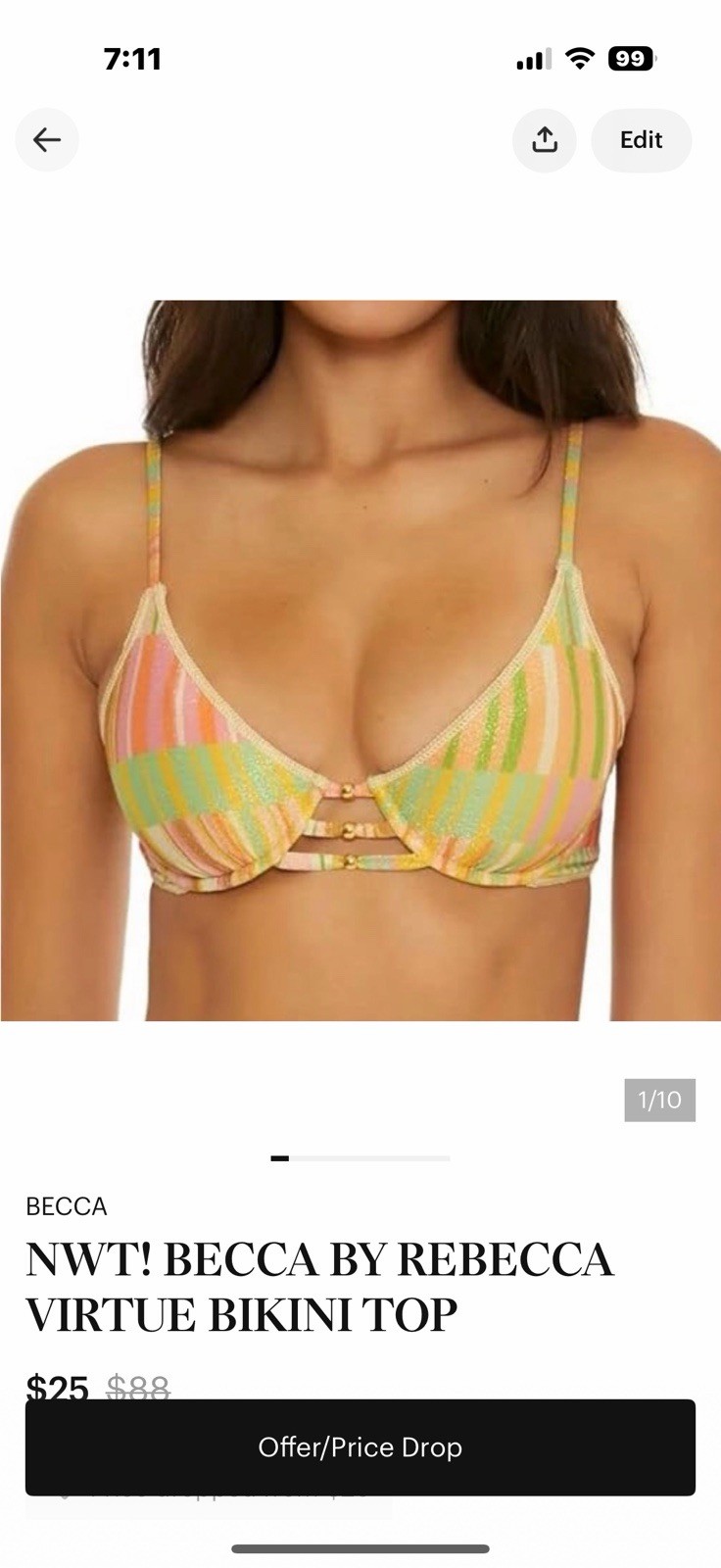 BECCA by Rebecca Virtue Women’s S B Bikini Top Multicolor Striped Metallic