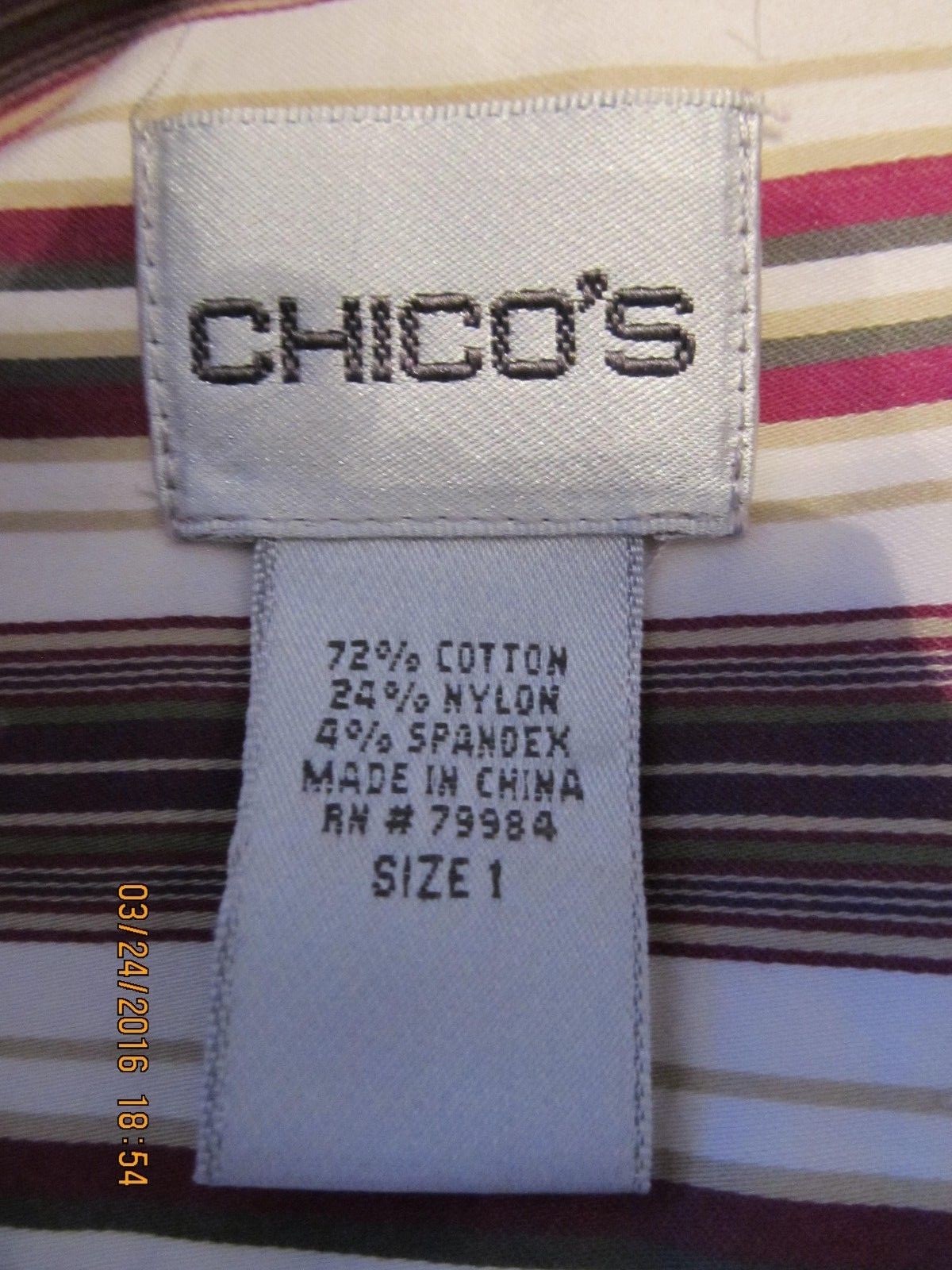 NICE “CHICO’S” WASHABLE COT/NYLON/SPAN BUTTON UP WHITE/TAN/MAGENTA BLOUSE-SZ 1