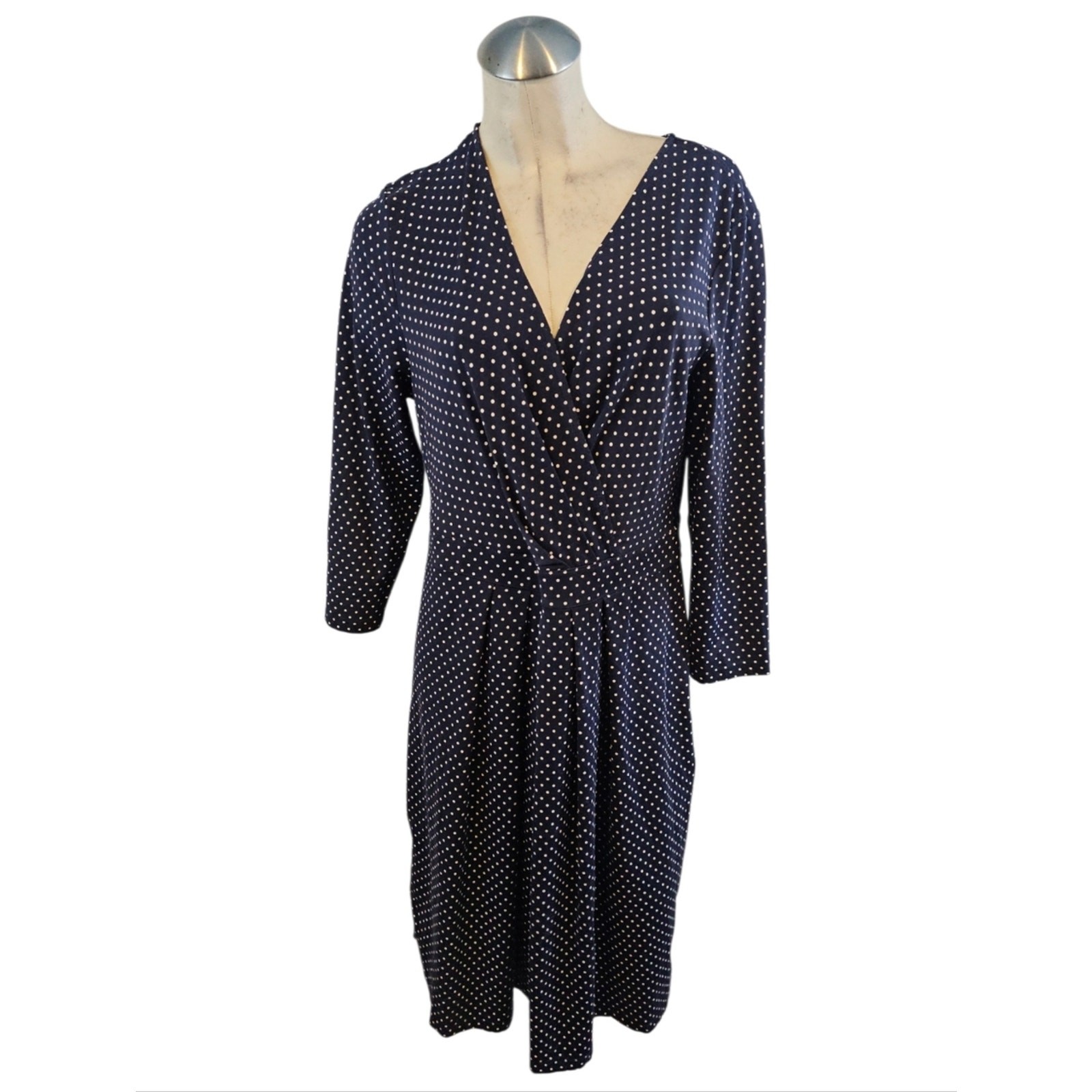 Talbots Size 14 Navy Polka Dot Mock Wrap Midi Dress
