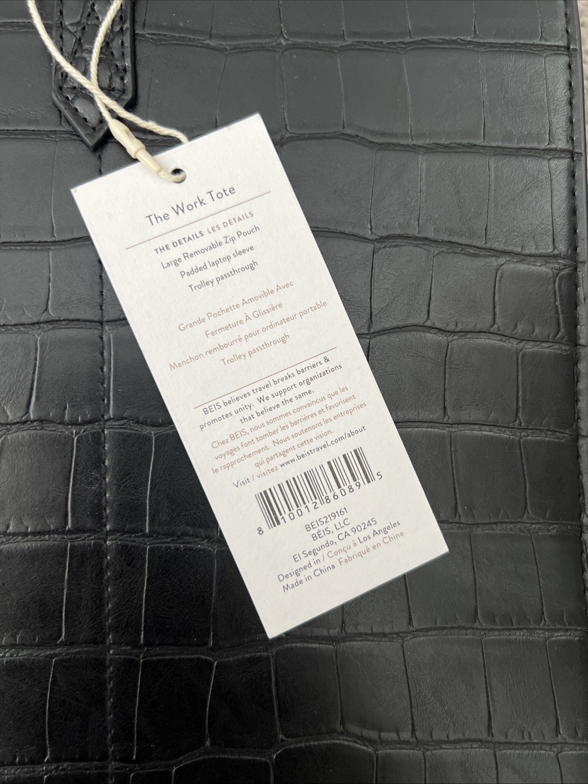 BEIS The Work Tote Large Black Croc Faux Vegan Leather Crosbody Strap Tote Bag