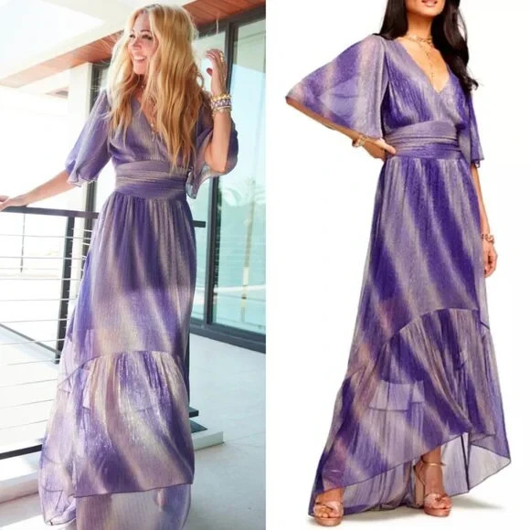 RAMY BROOK Alex Maxi Dress Purple Shimmer Summer 2022 Pale Lavender V Neck S