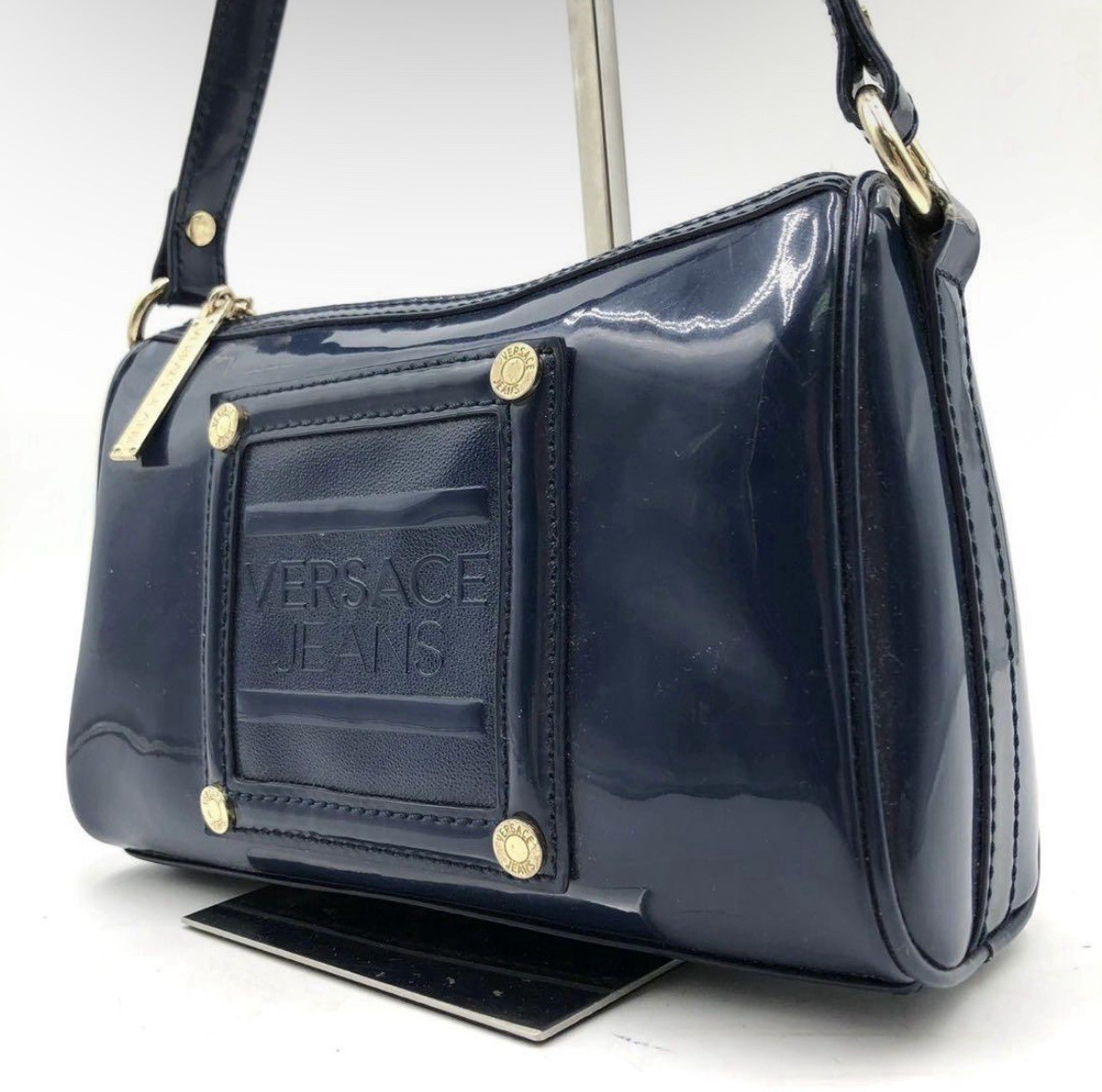 VERSACE JEANS Patent Leather Handbag Navy Gold Studded