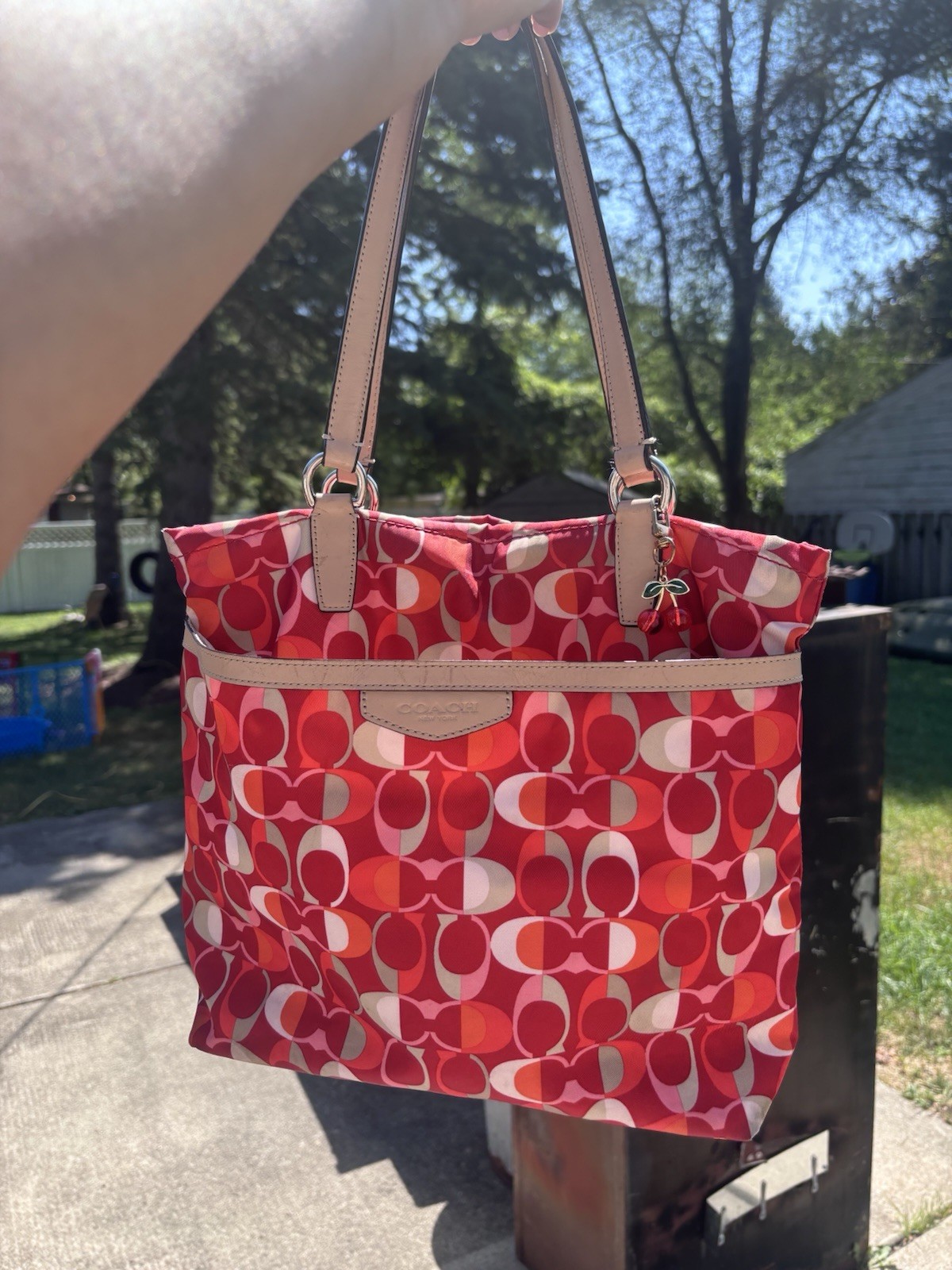 Coach Signature Logo Tote Shoulder Bag Zip Inner Pockets Lined Charm Red Pink