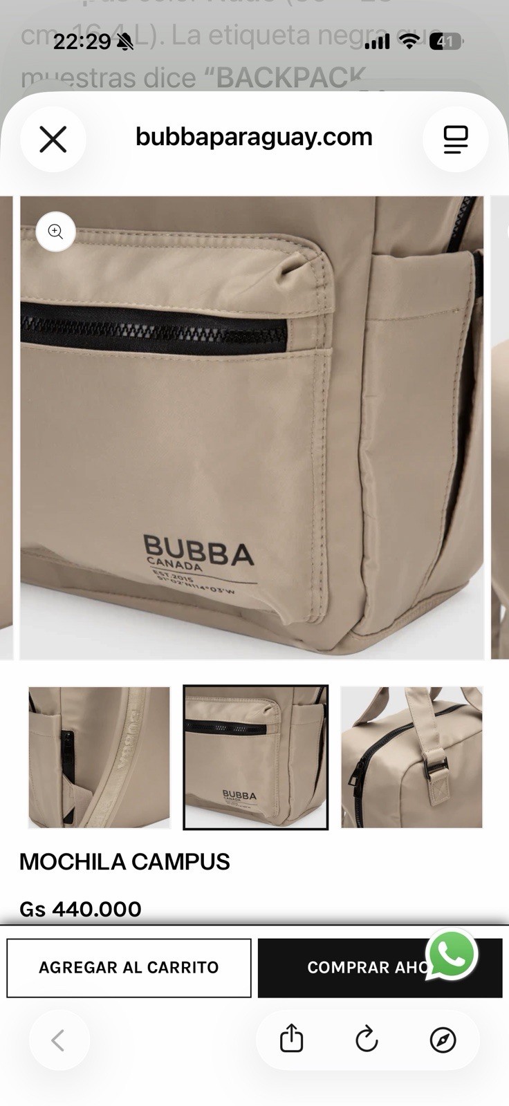 Bubba Essentials Beige Campus Backpack, Waterproof Zip, Bag Charm, Black HW