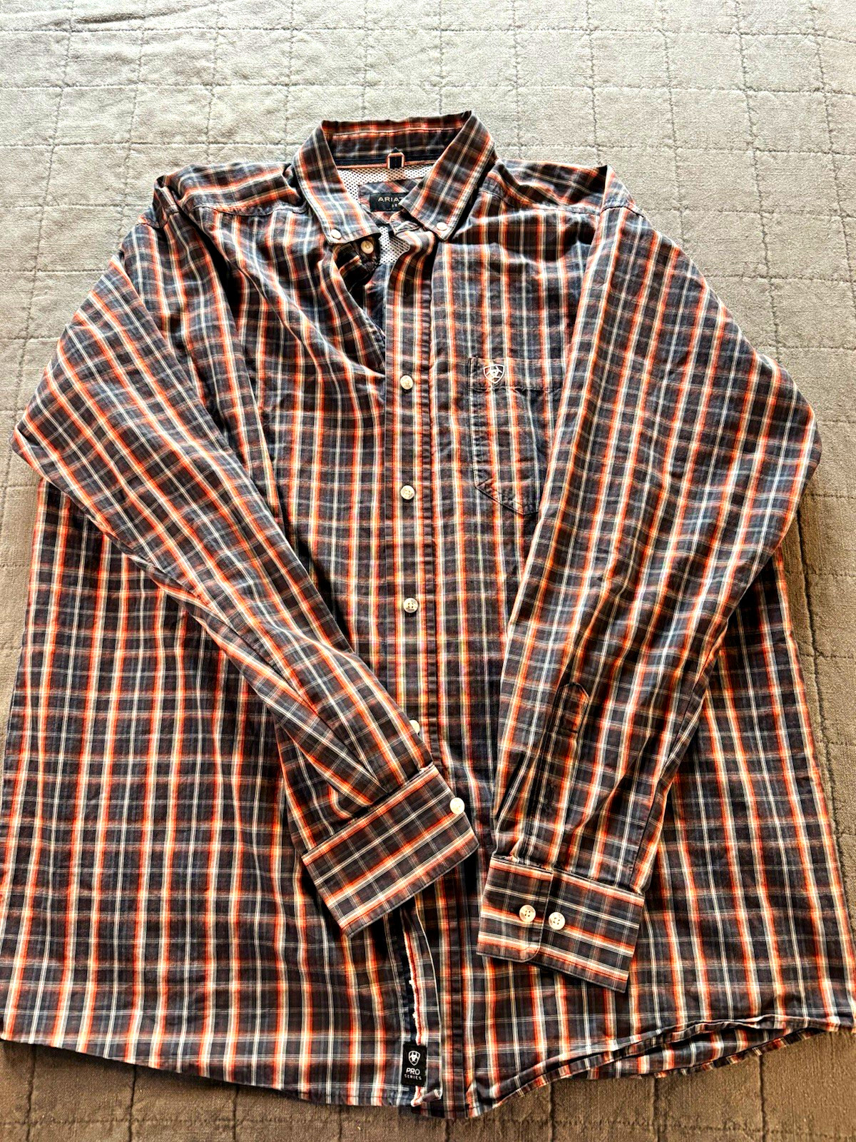 Ariat Pro Series Men’s L/G Gray/Orange Plaid Long Sleeve Button-Up w/ Pockets