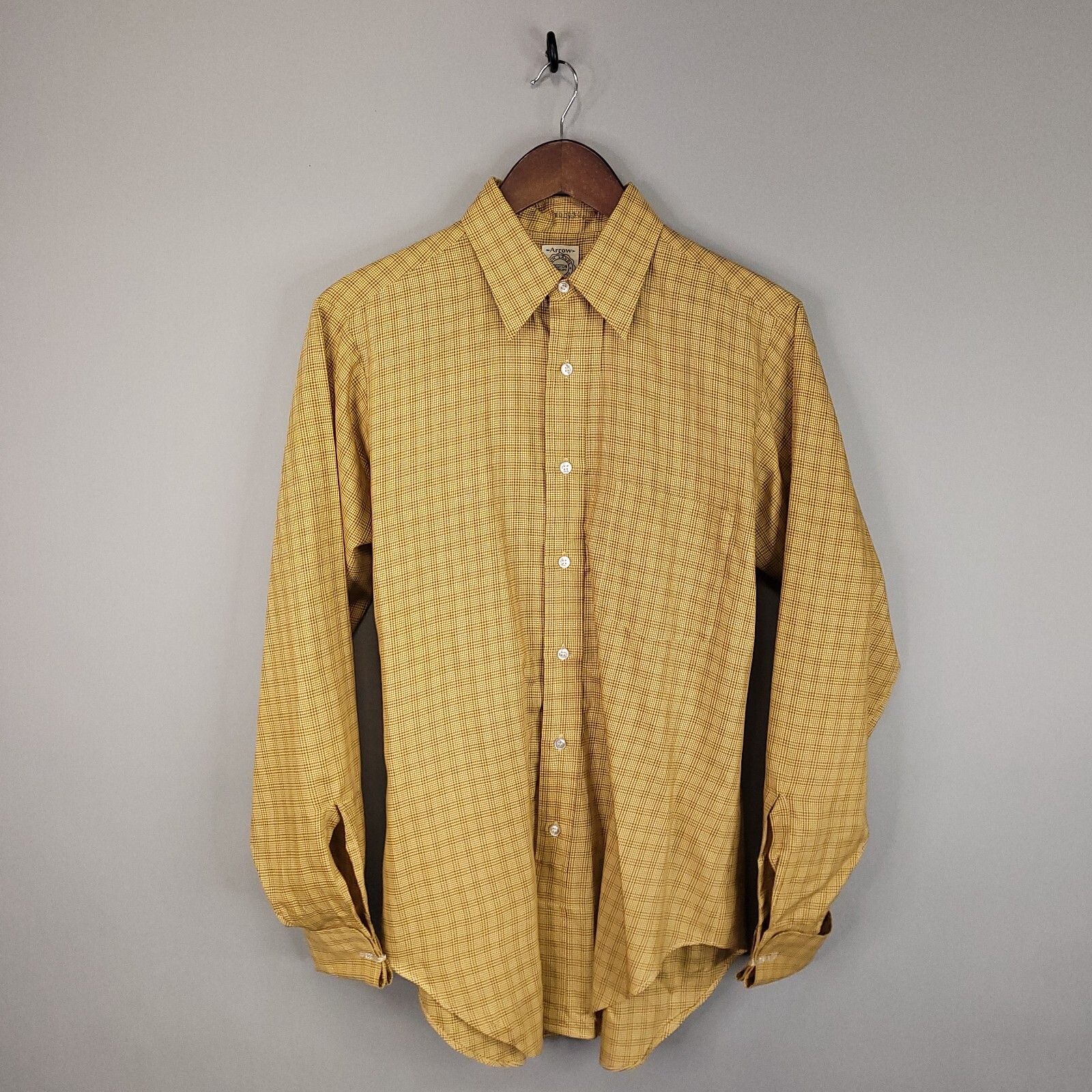 Vintage Arrow Shirt Mens Large 16 Yellow Plaid Dacton Broadcloth French Cuff 50s