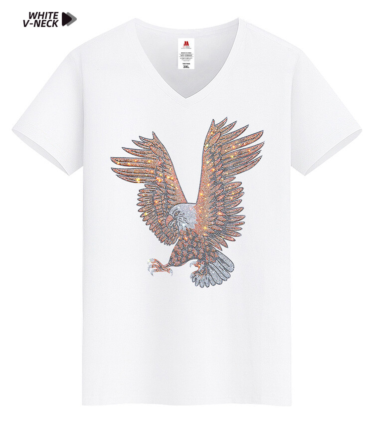 Men Fashion Diamonds T-Shirt Hawk Eagle 3D Rhinestones Hot Drill Short Sleeve