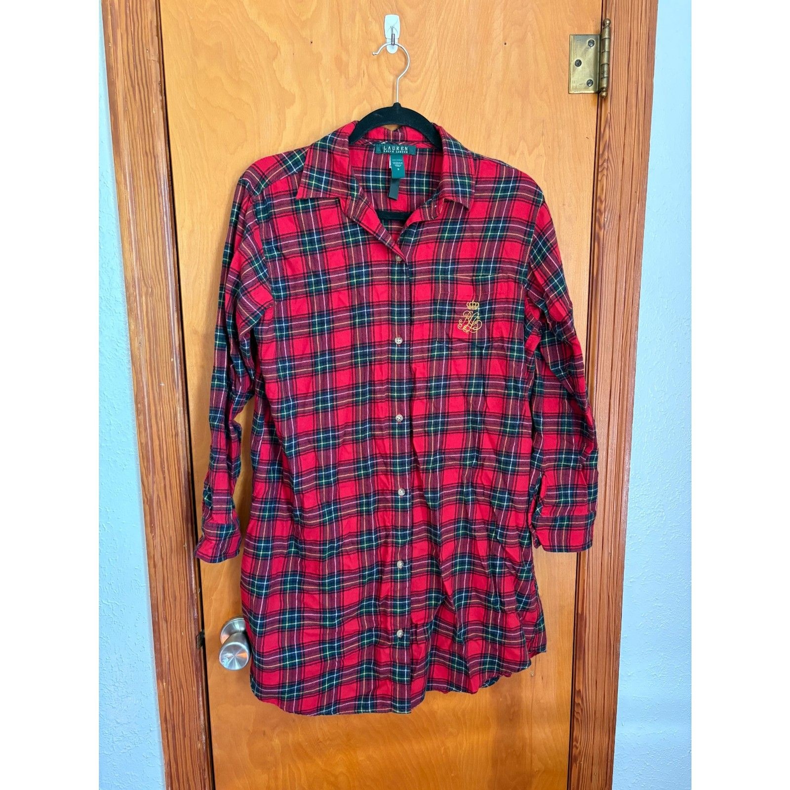 Lauren Ralph Lauren Plaid Flannel Sleep Shirt Small Red Cotton Pajama Nightgown