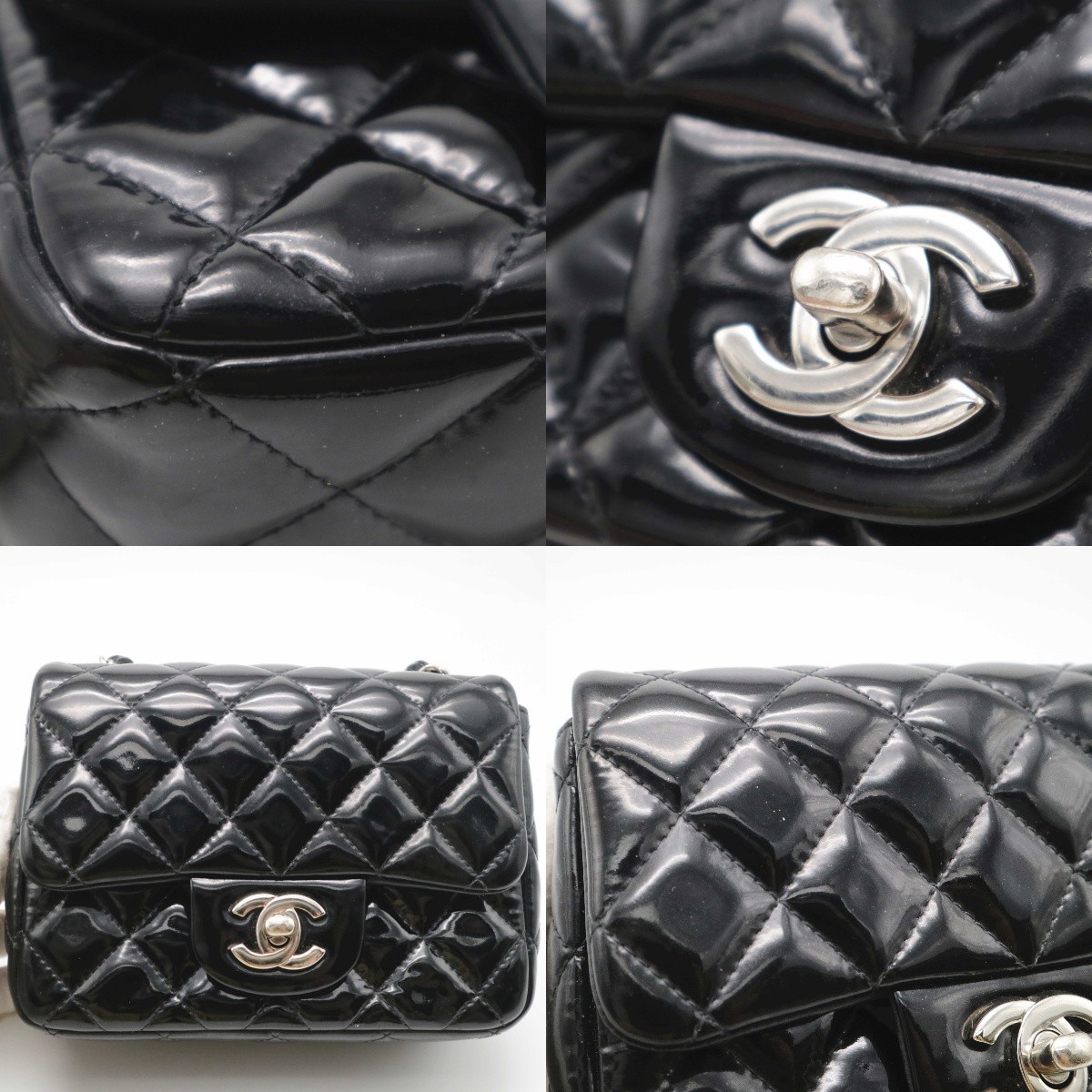 Chanel Black Mini Classic Square Flap Bag Silver Hardware Patent Leather