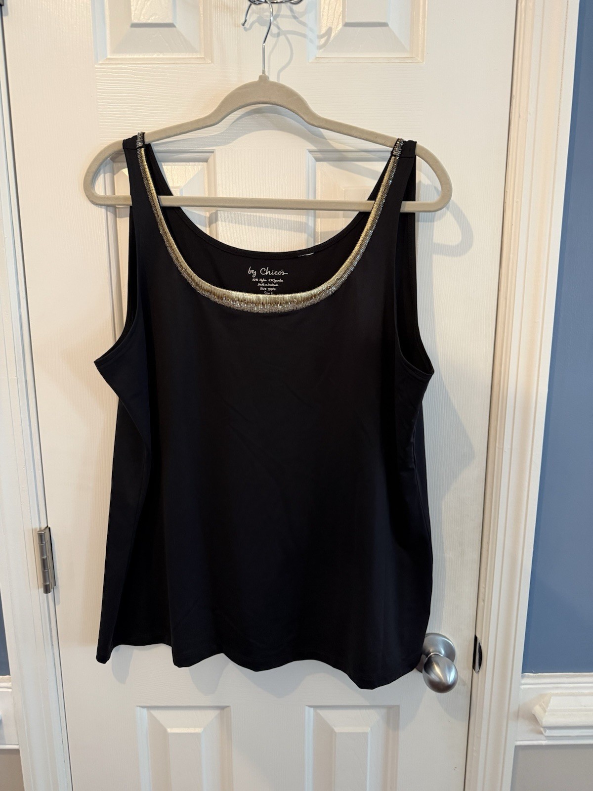 Chicos Black Gold Trim Formal Tank Top Size 3 Or XL 16 92% Nylon 8 Spandex
