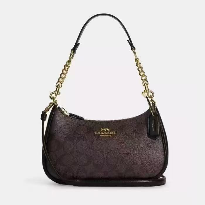 CA548 Teri Shoulder Bag In Signature Canvas/Gold/Walnut/Black New Fast Shipping
