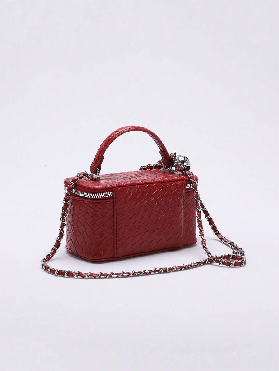 Mini Quilted Box Bag Rhinestone Embroidery Zipper Handbag Chain Strap Purse