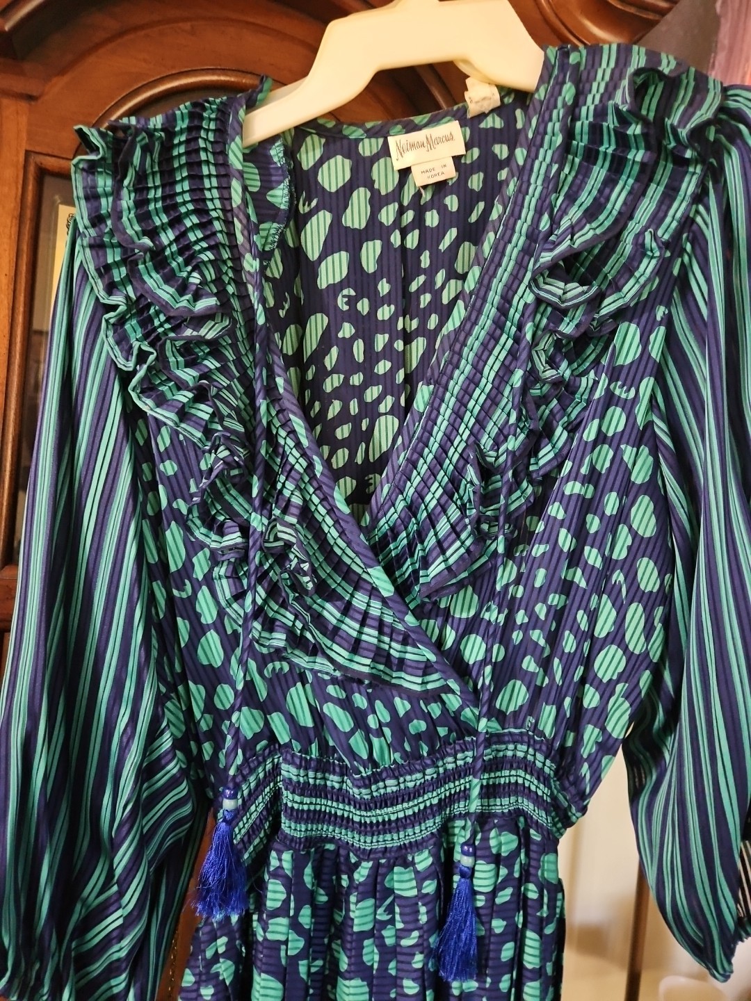 Neiman Marcus Vintage Preppy Academia Blue Green Pleated Ruffle Tassel Dress