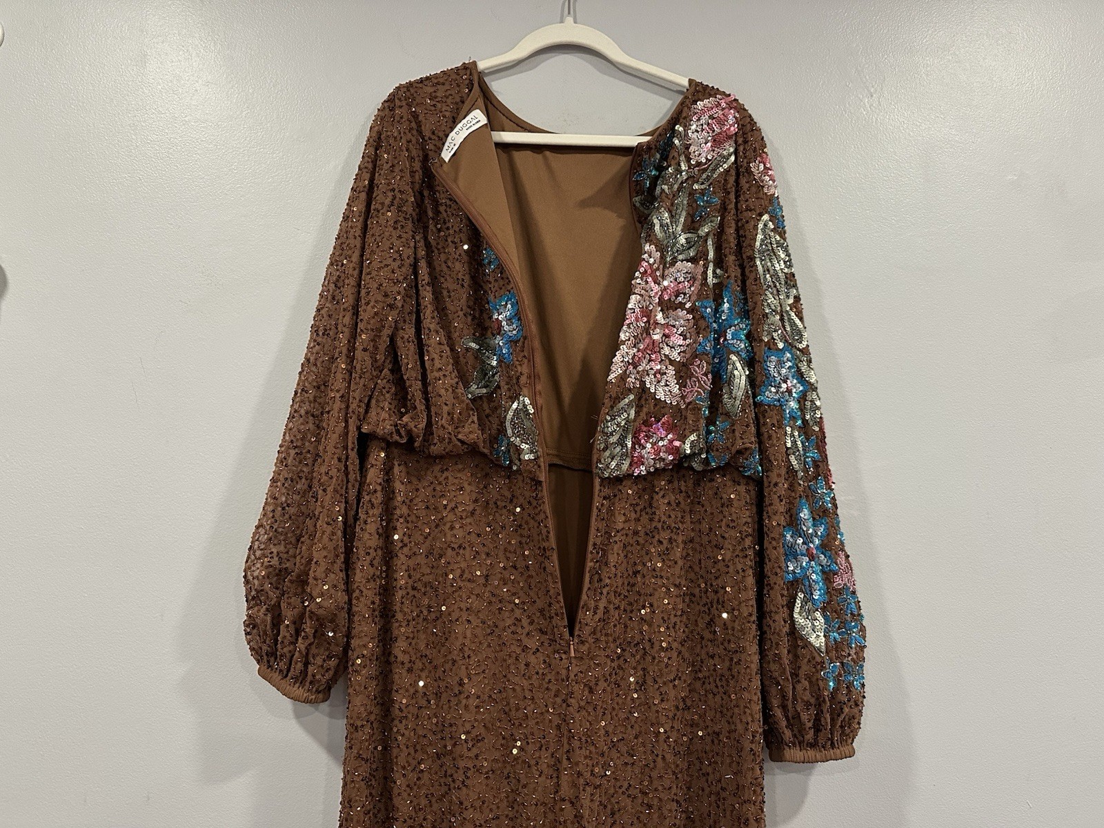 Mac Duggal 5615 Mocha High Neck Long Sleeve Sequin Gown Sz 16 NWOT