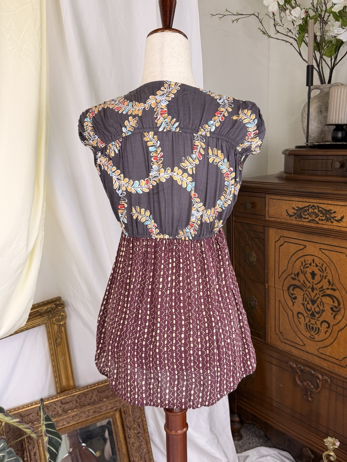 Free People Tunic Boho Embroidered Top in Charcoal & Burgundy Summer Y2K Chic