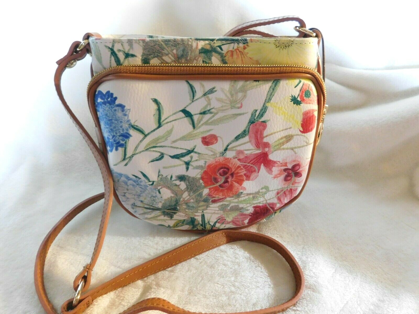 Valentina Italian Multi Entry Crossbody White + Floral Cognac Trim NWT #1