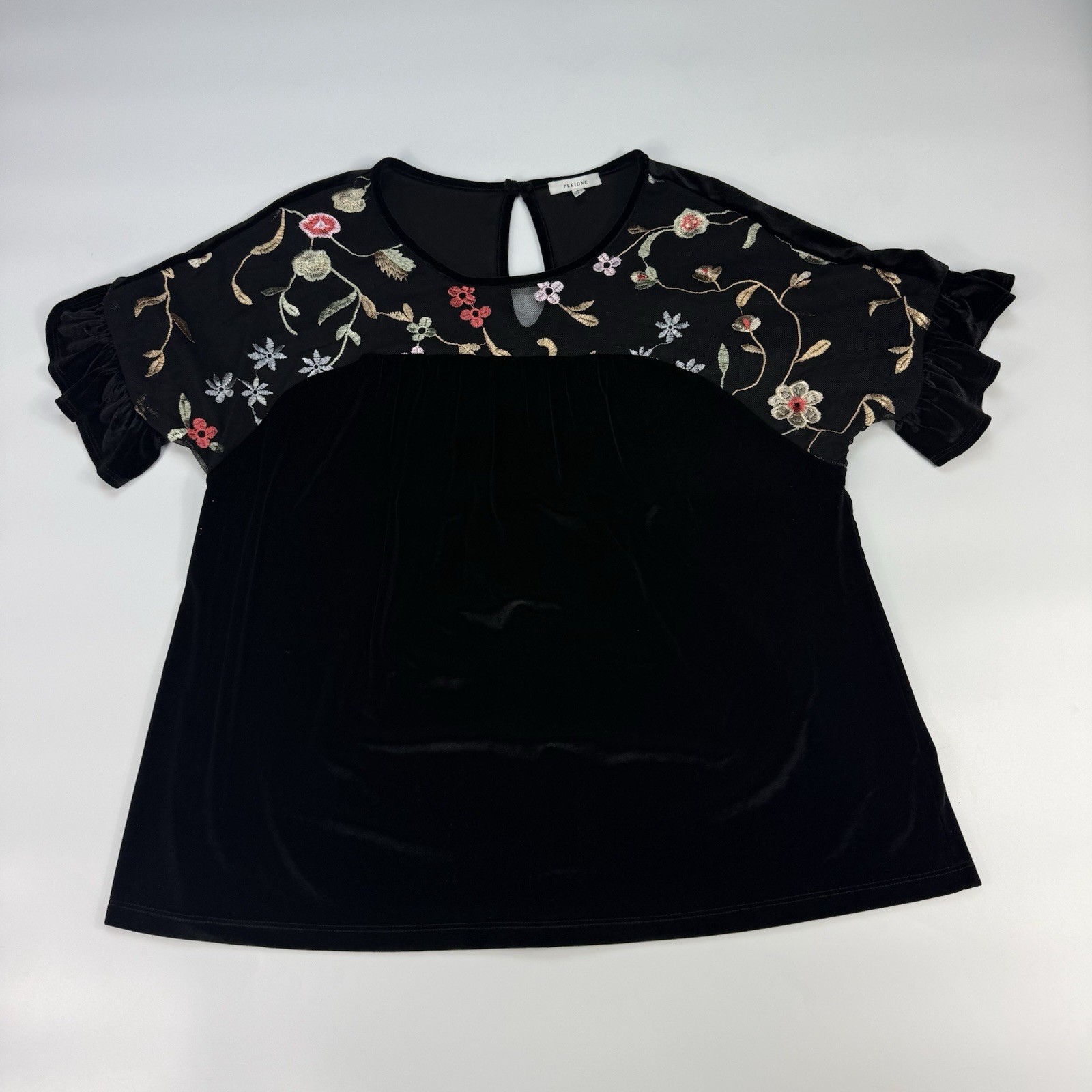 Pleione Velvet Embroidered Floral Top Large Black Sheer Yoke