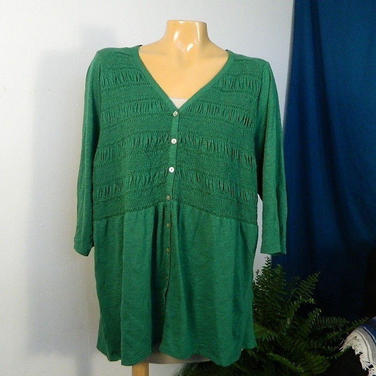 J. Jill Tunic Top Women XL Green Smocked V-Neck Cotton Blend Button Up