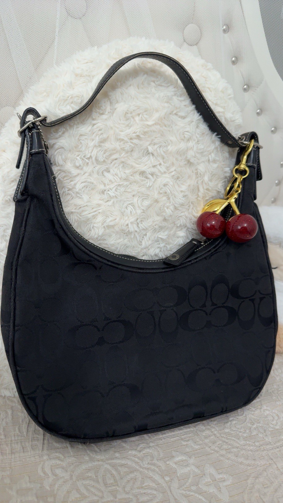 Coach Signature Black Crescent Shoulder Bag Silver Hardware