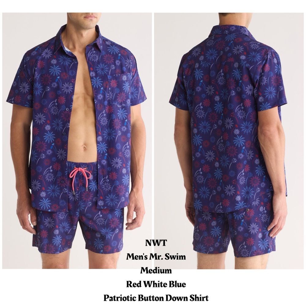 Mr Swim Blue Patriotic Fireworks Button-Down Shirt Size M Red White Blue Sleeve