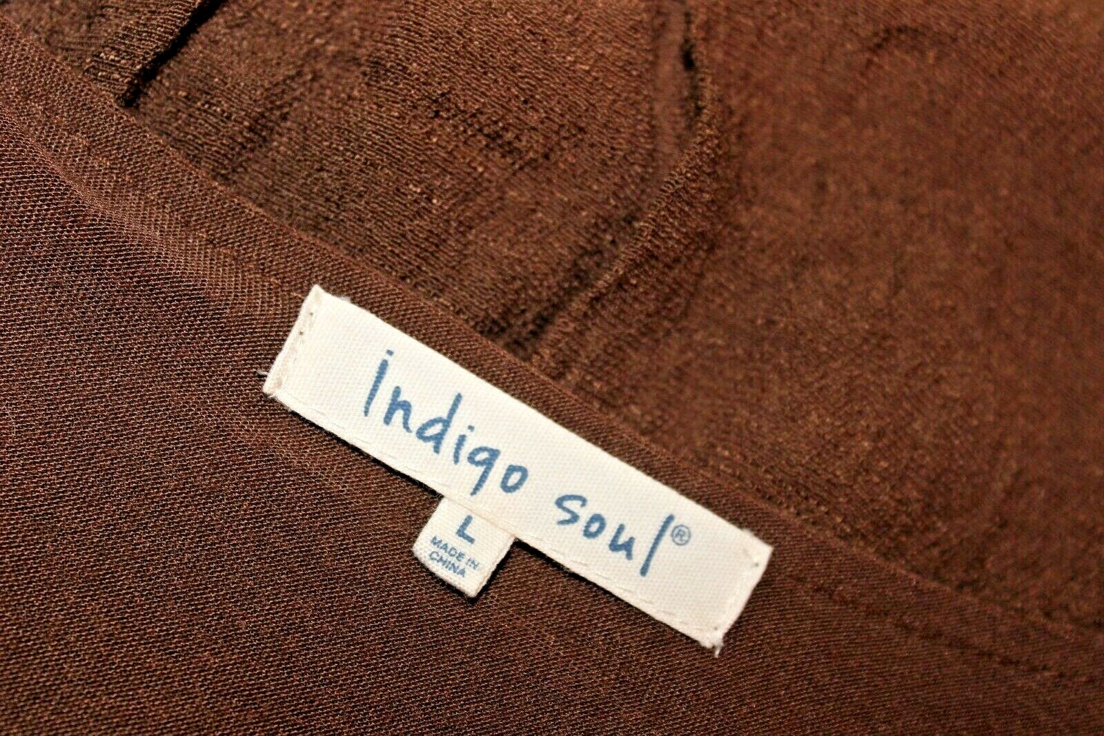 INDIGO SOUL Brown Boho Tunic Top Crochet Neck Waist Double Ruffle Hem Sz L Lined