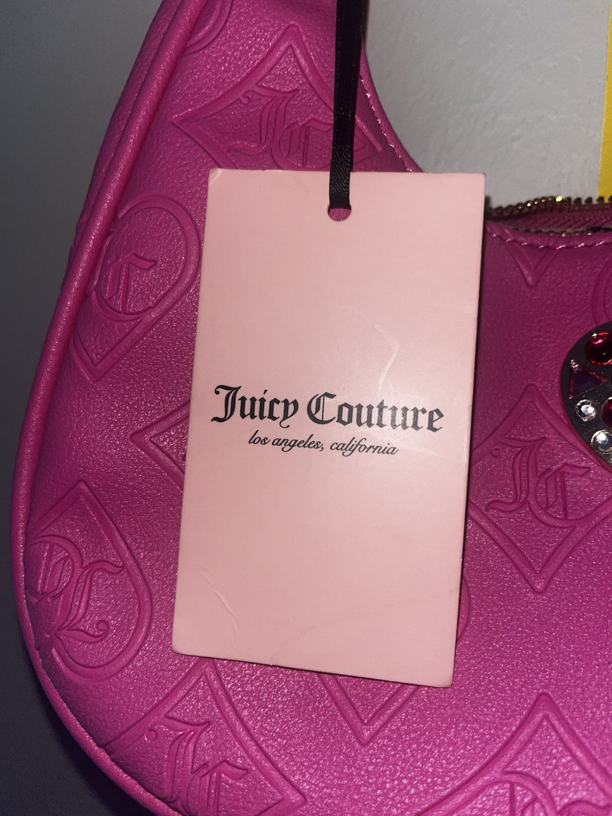 Juicy Couture Pink Embossed Logo Hobo Shoulder Bag Rhinestone Heart Charm Zip