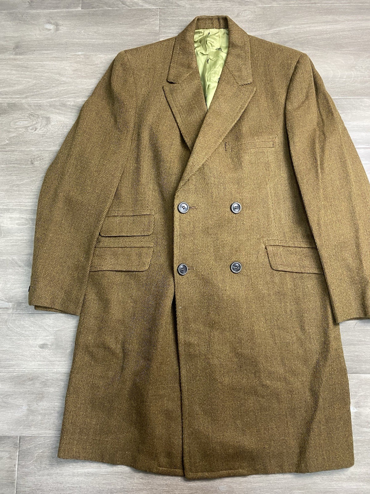 Worsted Tex Tweed Pea Coat Trench Mens Size 38 R Double Breasted Brown