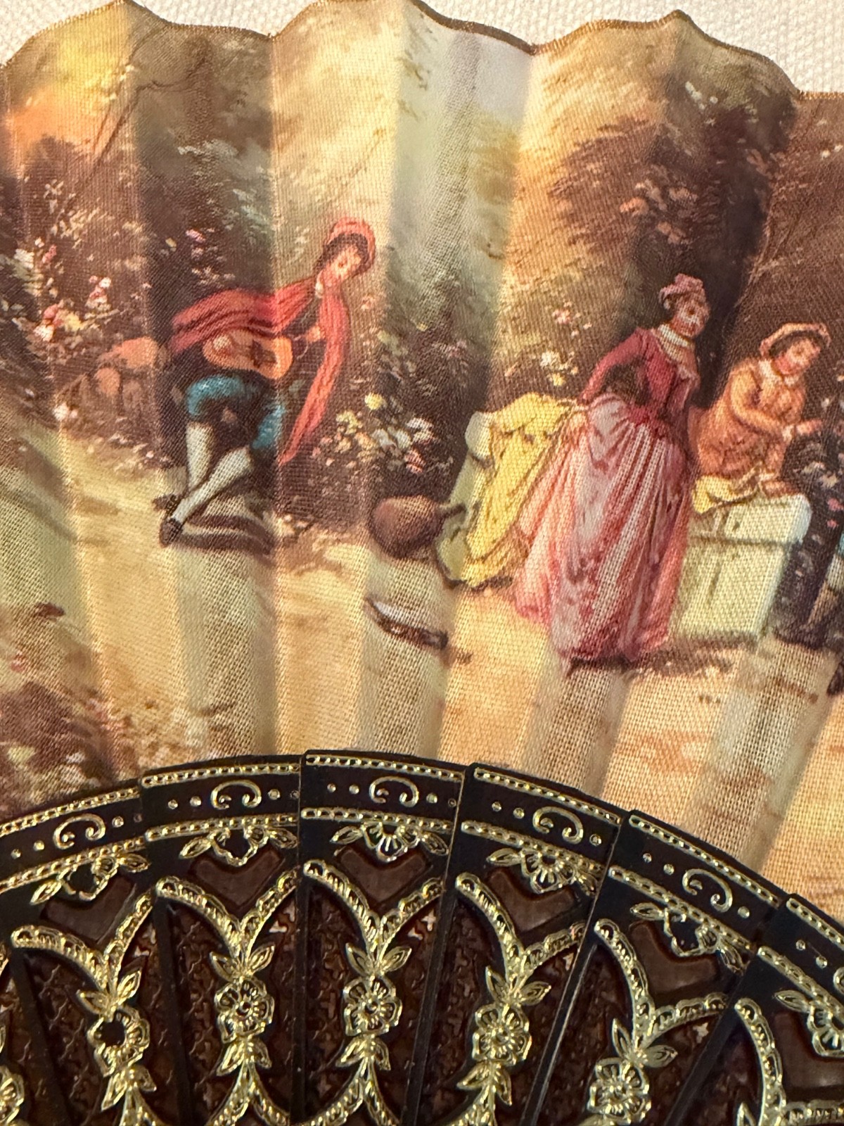 Vtg Giner Hand Fan W Box Features Period Clothing Fabric Plastic Gold Trim Spain