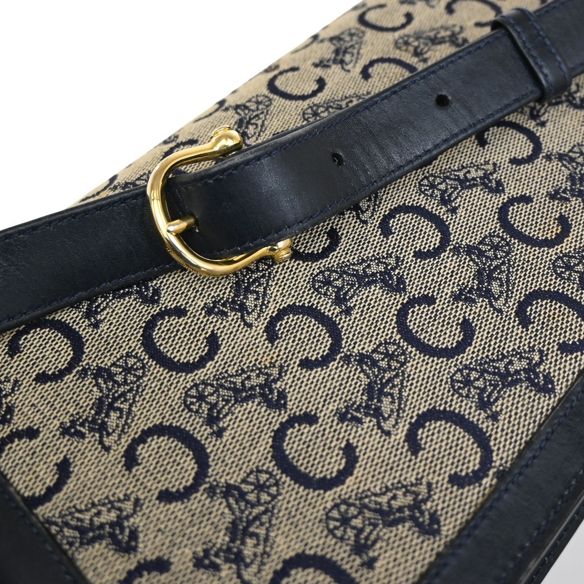 CELINE Logo C Macadam Horse Carriage Shoulder Bag Canvas Leather Blue 68KP174