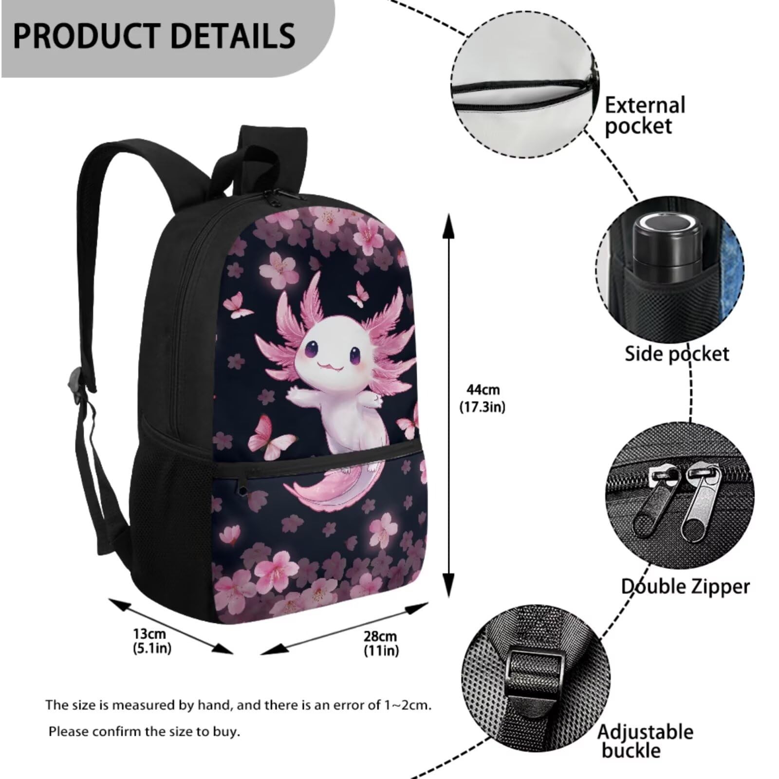 Axolotl Backpack 17.3″ Height School Bag Set 3PCS with Lunch Box & Pencil Case