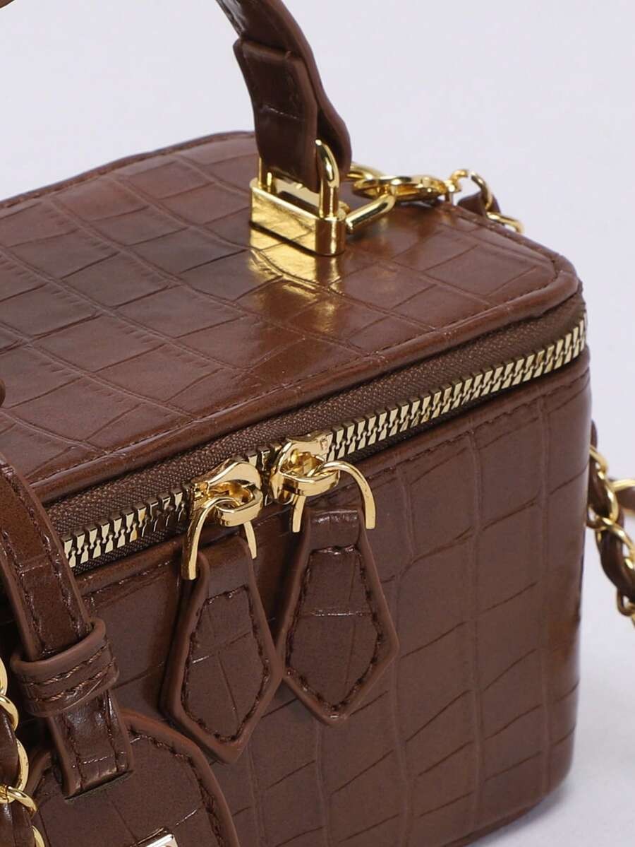 Mini Quilted Box Bag Rhinestone Embroidery Zipper Handbag Chain Strap Purse