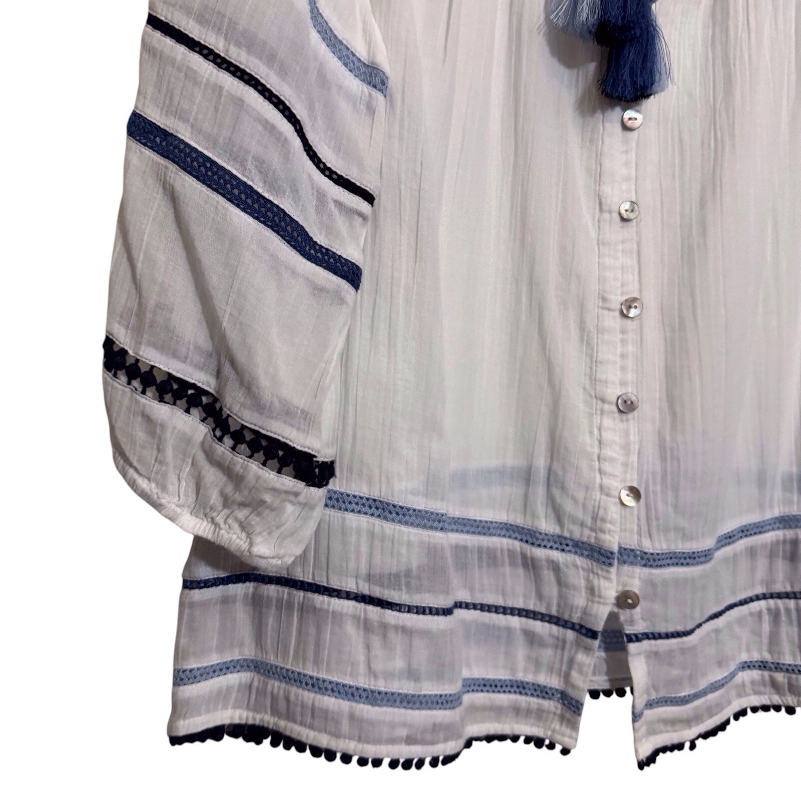 J. Jill Medium Petite White Blue Embroidered Gauze Top Tassel Beach Cotton Boho