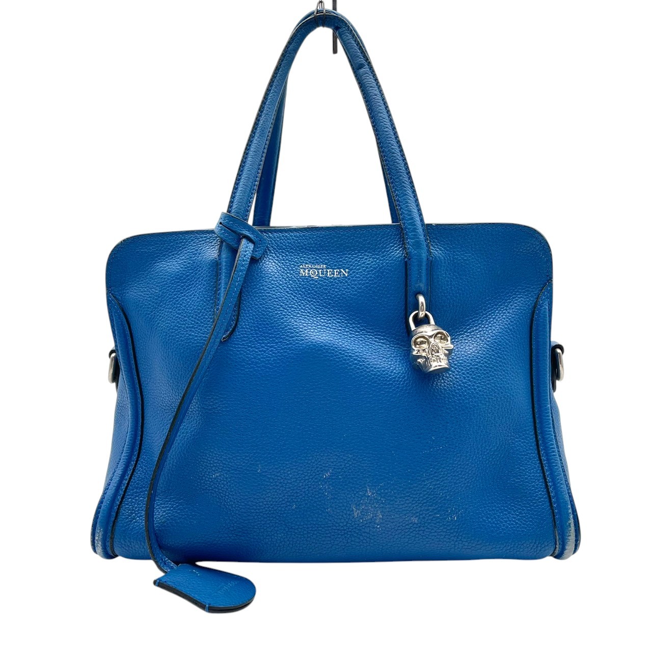 Authentic Alexander McQueen Padlock Zip-Around Tote Bag Blue Leather Elegant