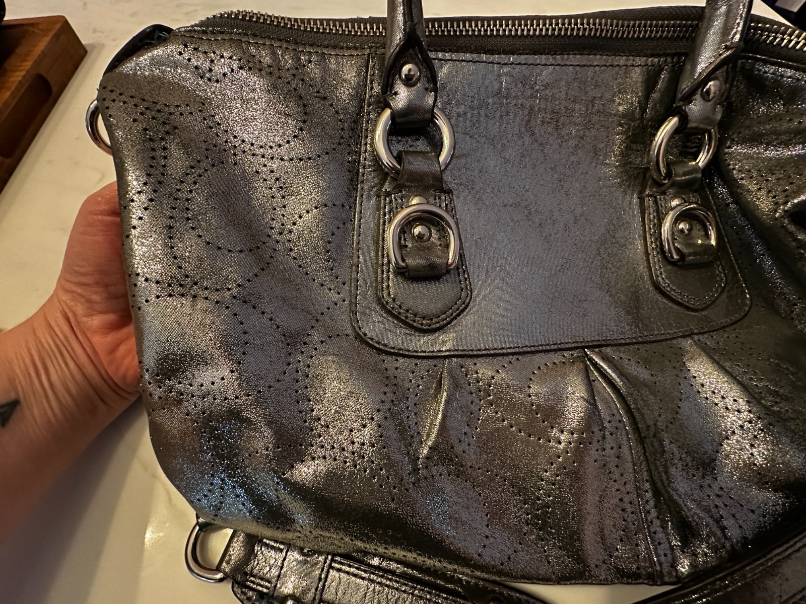 COACH Metallic Silver Perforated Leather Ashley Double Handle W Strap Handbag