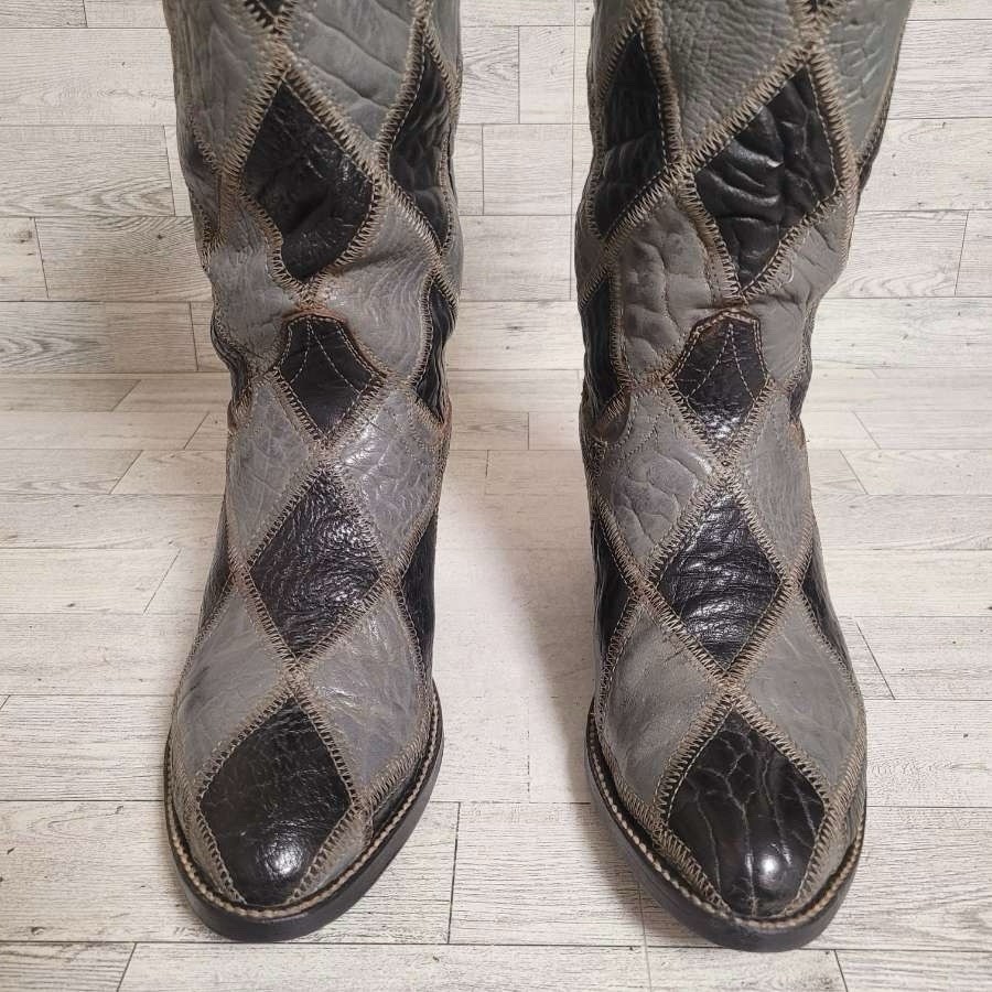 Men’s Cowtown Patchwork Black Grey Bullhide Leather Rodeo Cowboy Boots Size 7.5