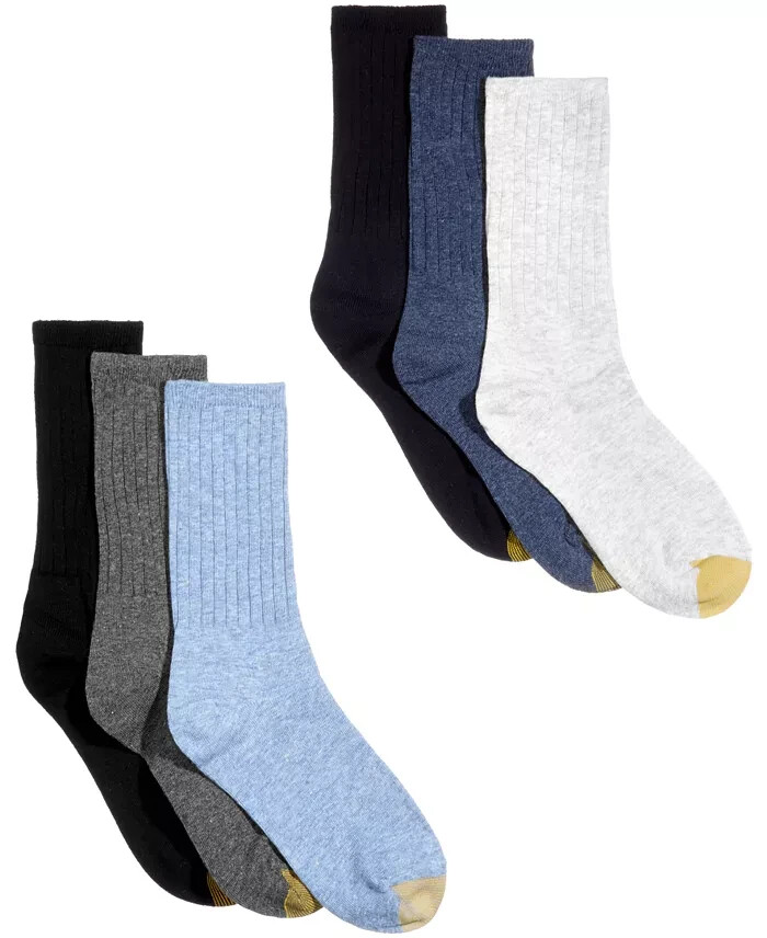 6 Pairs Gold Toe Casuals Women’s Ribbed Crew Socks Blues & Grays Size 6-9